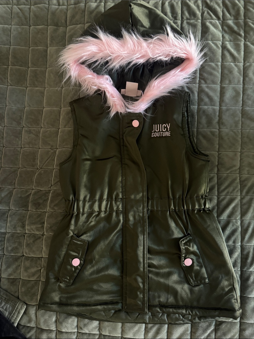 Juicy Couture Olive Green Kids Vest with Pink Faux Fur Hood Trim